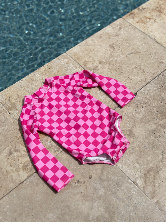 Girls Pink Checker Swimsuit