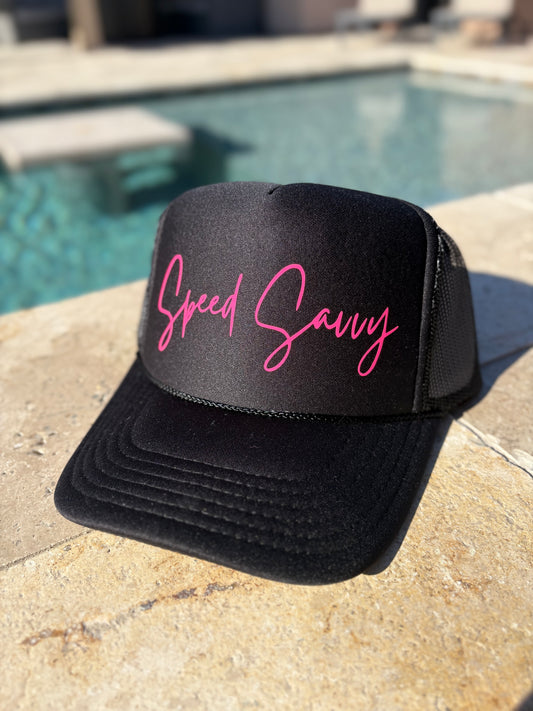 Black & Pink Cursive Trucker